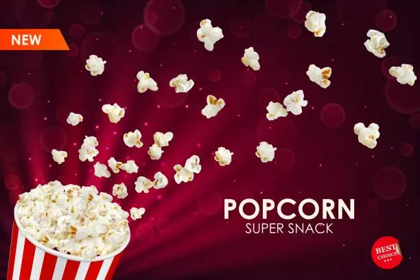 Vector illustration of Movie cinema popcorn bucket with flying snacks