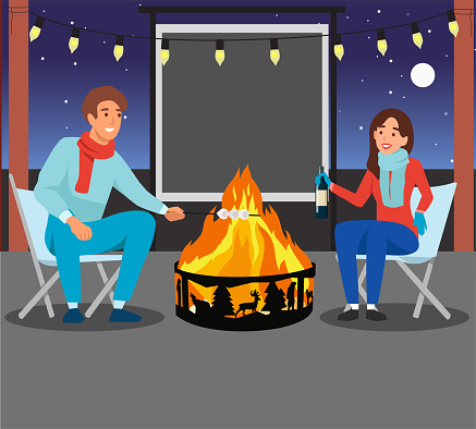 Happy man and woman sitting near campfire in forest. Smiling couple relax at wood camp near fire together. Nature recreation concept. Vector illustration.