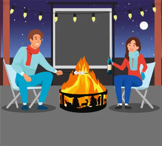 Vector illustration of Happy man and woman sitting near campfire in forest. Smiling couple relax at wood camp near fire together. Nature recreation concept. Vector illustration.