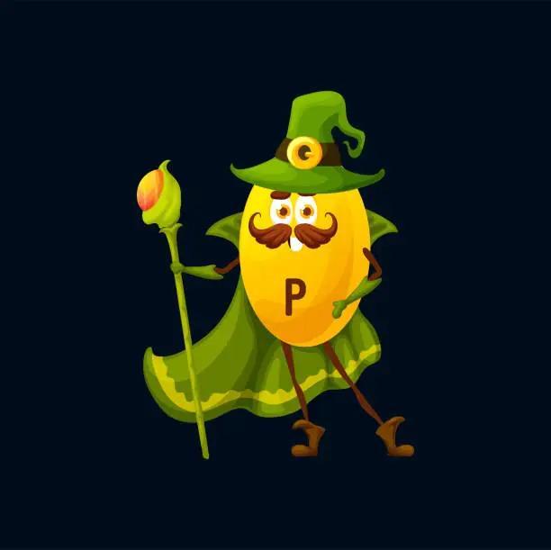 Vector illustration of Cartoon vitamin P wizard character holding staff