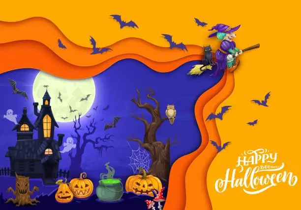 Vector illustration of Halloween paper cut landscape with cartoon witch