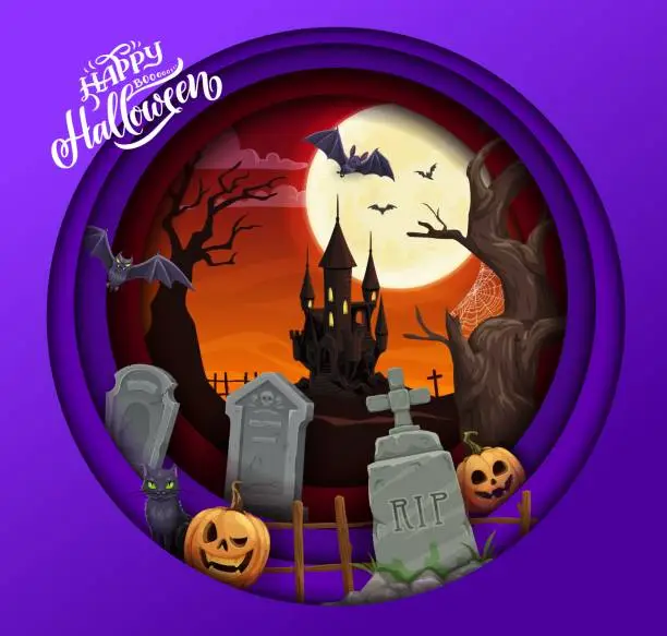 Vector illustration of Halloween paper cut cartoon cemetery and pumpkins