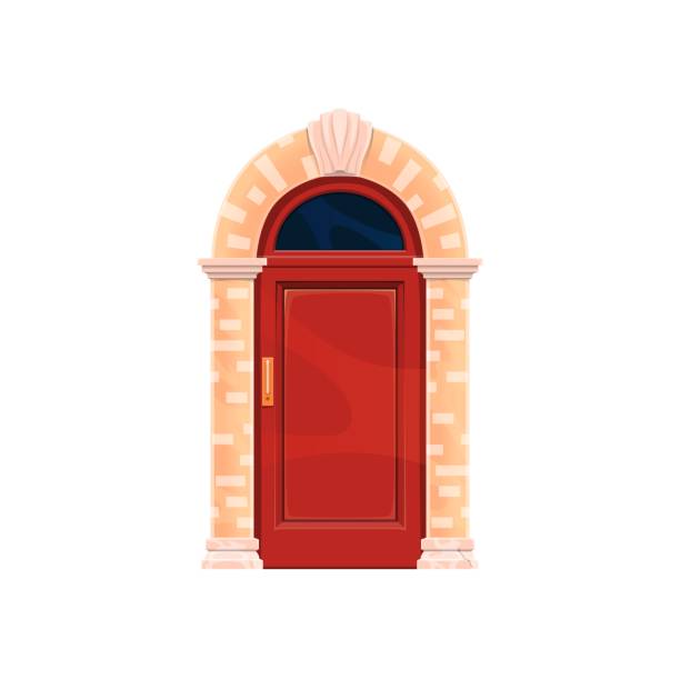 Front door with stone doorway arch, house entrance Front door with stone doorway arch, old house or vintage home entrance, cartoon vector. Mansion front door with stone brick gate arch, antique gateway with red wooden door of ancient apartment fairy door fairy tale antique stock illustrations