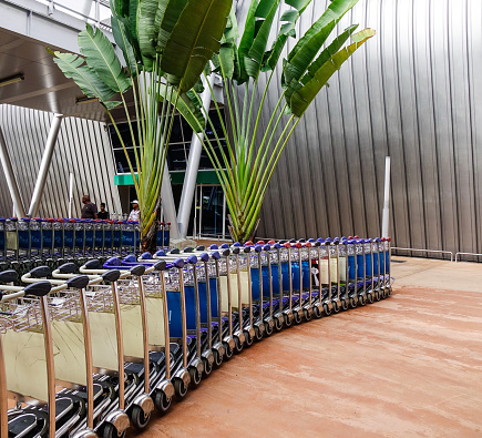 Mahebourg, Mauritius - Jan 15, 2017. Trolleys at SSR Intl Airport in Mahebourg, Mauritius. Mauritius, an Indian Ocean island nation, is known for its beaches lagoons and reefs.