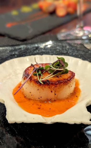 istock Seared scallop on a tomato sauce placed in a shell shaped plate 1615664346