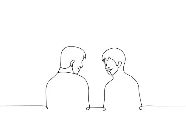 Vector illustration of two men stand close to each other and smile - one line drawing vector. concept friendly conversation, laugh together, funny joke