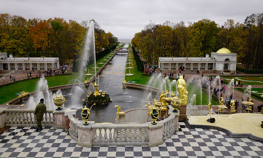 St. Petersburg, Russia - Oct 9, 2016. Grand Cascade of Peterhof Palace in St. Petersburg, Russia. Grand Cascade is modelled on one constructed for Louis XIV at his Chateau de Marly.