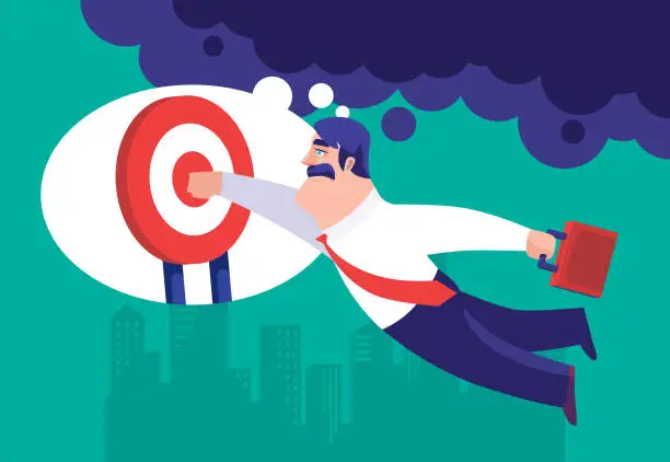 Vector illustration of businessman jumping and punching bullseye from imagination