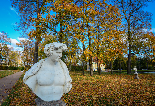 St Petersburg, Russia - Oct 7, 2016. A marble statue at Catherine Palace in Saint Petersburg, Russia. Catherine Palace is a Rococo palace located in the town of Tsarskoye Selo.