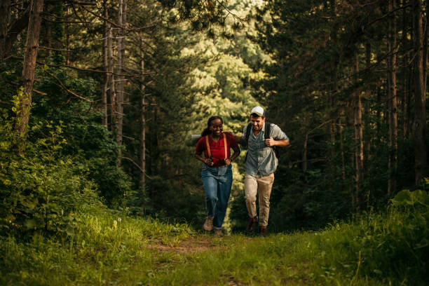 dois caminhantes diversos caminhando no ambiente sereno da floresta criam uma sensação de fuga e serenidade. - ambiance - fotografias e filmes do acervo