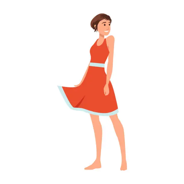 Vector illustration of beautiful short hair woman wearing simple summer dress flat vector illustration isolated on white background