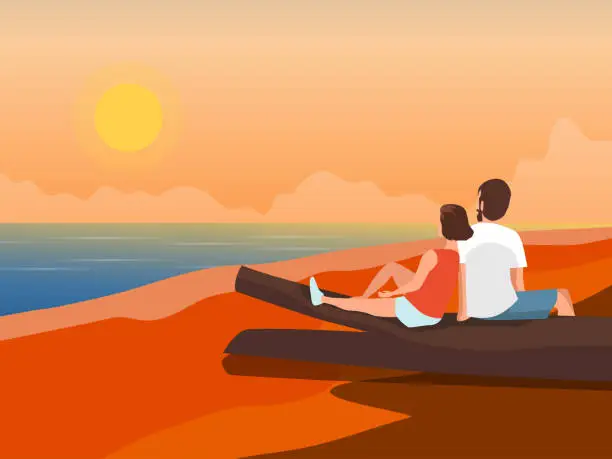 Vector illustration of Couple hugging at sunset. Romantic date by ocean, family cuddle, love of tourists travel, pink sun on horizon sky, man hug woman back view flat character swanky vector illustration