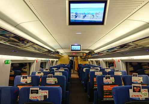 Saint Petersburg, Russia - Oct 5, 2016. Inside of Sapsan High-speed train in Saint Petersburg, Russia. High-speed rail is emerging in Russia as an increasingly popular means of transport.