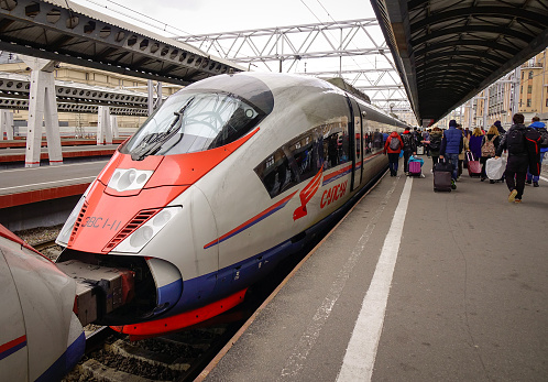 Saint Petersburg, Russia - Oct 5, 2016. A Sapsan High-speed train stopping at station in Saint Petersburg, Russia. High-speed rail is emerging in Russia as an increasingly popular means of transport.