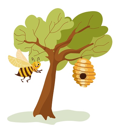 Vector illustration of cartoon character bee tree, beehive, nest, beekeeping, honey.