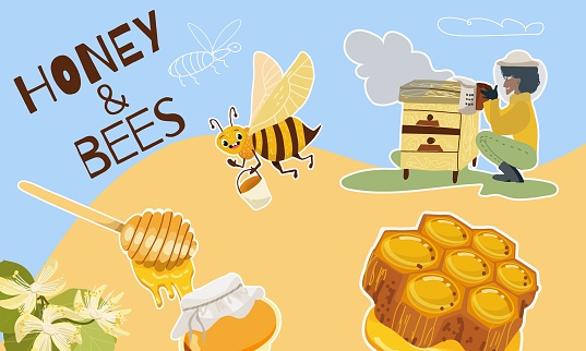 Collage, composition, illustration, in cartoon style on the theme of honey, bees, beekeeping.