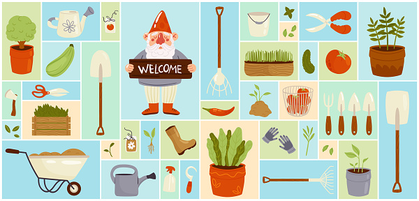 Cartoon different housekeeping and gardening instruments to grow vegetables, plants and flowers in geometry collage background. Farmers tools and home garden equipment set vector illustration