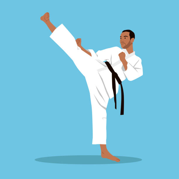 ilustrações, clipart, desenhos animados e ícones de homem fazendo chutes altos karatê artes marciais plana ilustração vetor isolada no fundo - high kick illustrations