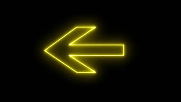 Photo of Yellow bright neon left abstract directional icon. vector, arrow, direction. neon glowing arrows. Direction banner. Futuristic light on black background.