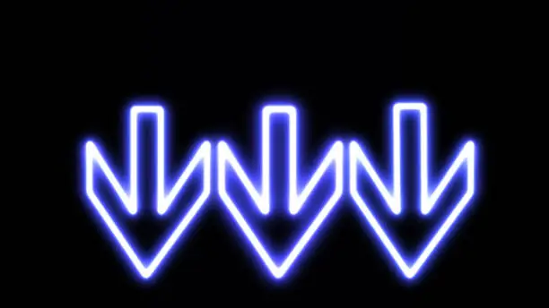 Photo of Glowing blue three neon arrow down direction on black background. Bright neon down abstract directional icon. vector, neon glowing arrows. Direction banner. Futuristic light on black background.