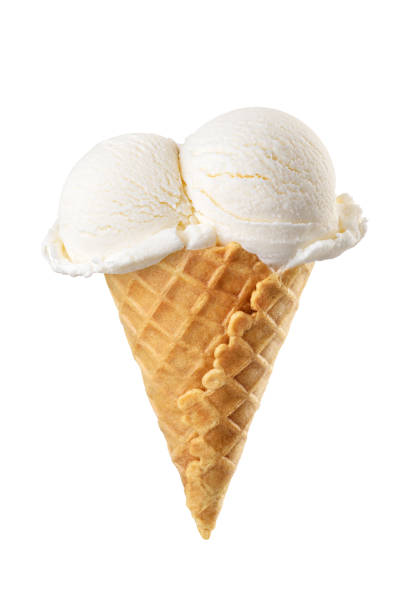 istock Vanilla ice cream scoops served on a waffle cone isolated on white 1615774747