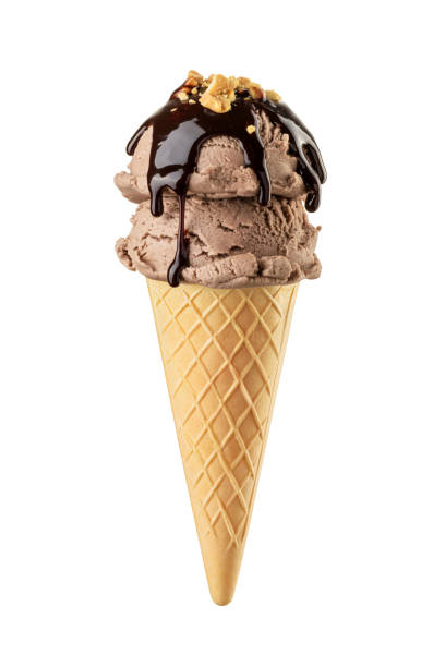 istock Chocolate brown ice cream scoop with chocolate and nuts topping served on a waffle cone isolated on white. 1615774760