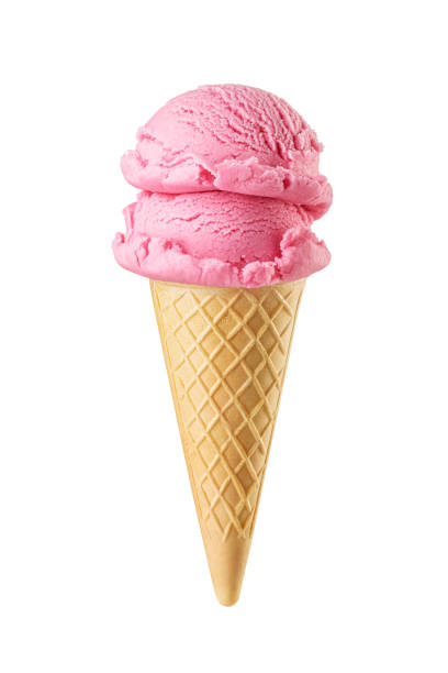 istock Pink ice cream scoops served on a waffle cone isolated on white 1615774767