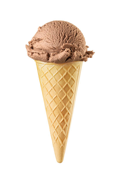 istock Chocolate brown ice cream scoop served on a waffle cone isolated on white 1615774774