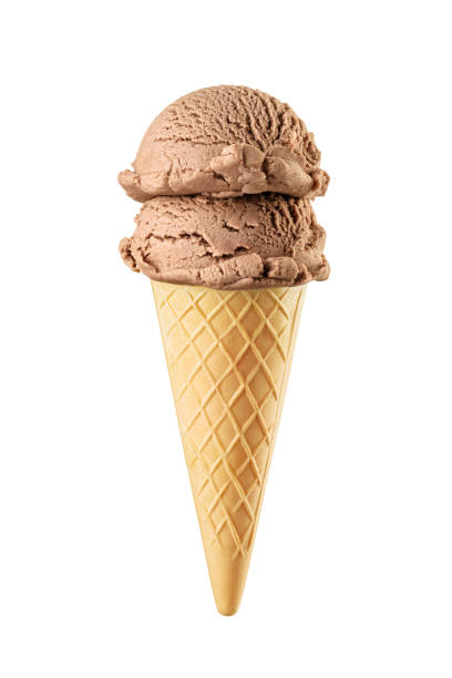 istock Two chocolate brown ice cream scoops served on a waffle cone isolated on white 1615774779