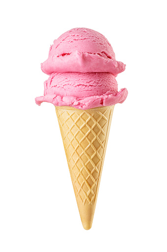 Pink strawberry ice cream scoops served on a crispy waffle cone isolated on white background