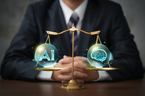 AI ethics and legal concepts artificial intelligence law and online technology of legal regulations Controlling artificial intelligence technology is a high risk.