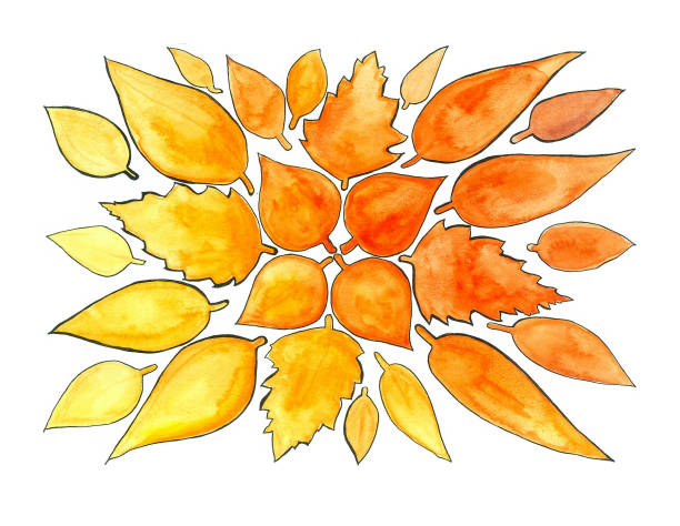 istock Pattern of autumn orange leaves on a white background. Watercolor and black outline. Different leaves form a pattern in the center of the background. 1615779068