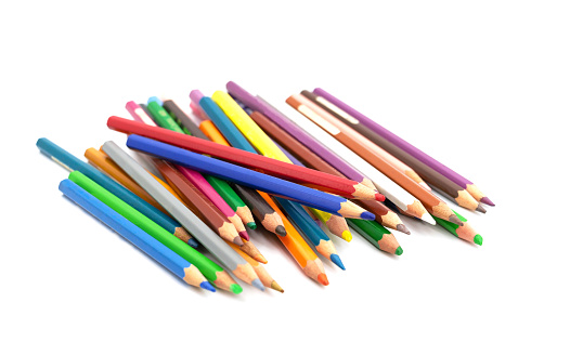 isolated set of colored wood pencils on white background
