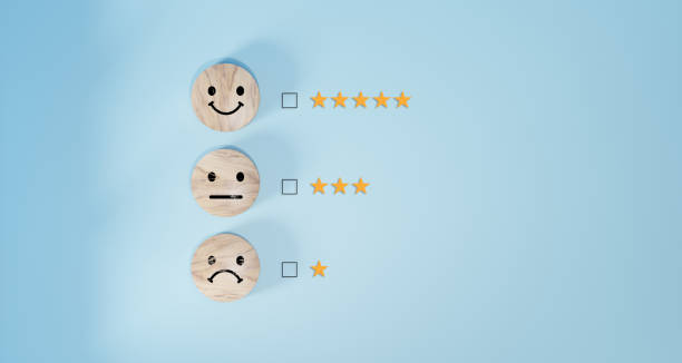 istock Check mark to select smile face with five stars on blue background , Customer evaluation concept. 1615816953
