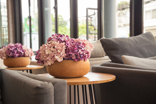 Beautiful purple paper flower with sofa in hotel lobby interior. Relaxing, interior decorating concept.