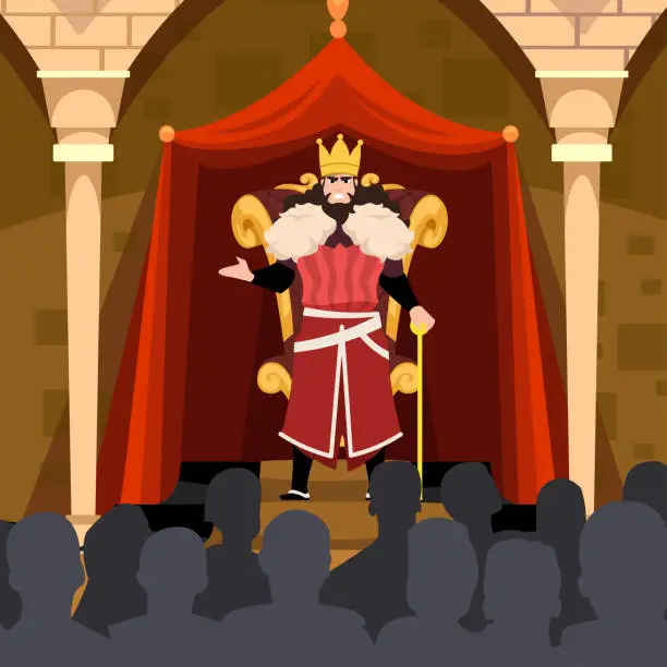 Vector illustration of king in front of his royal throne talking or giving speech to his people flat illustration character