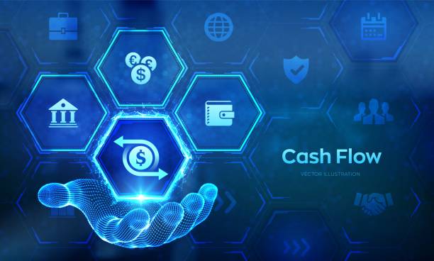istock Cash flow icon in wireframe hand. Investment innovation technology business concept on virtual screen. Income growth, wealth, financial management. Vector illustration. 1615850355