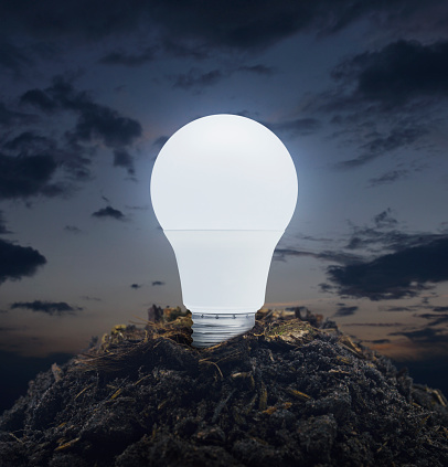 Led light bulb on soil over sunset sky, Green ecology and saving energy concept