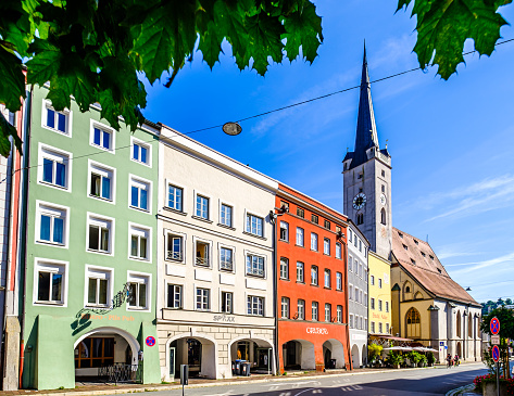 Straubing, Germany - apr 16th 2021: Straubing old town is a combination of historical buildings, cobblestone streets and narrow alleys.