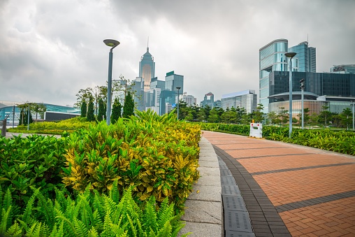 Footpath in green public park with cityscape background Hong Kong island, China. Travel in Asia, landscape, financial and economy concept.