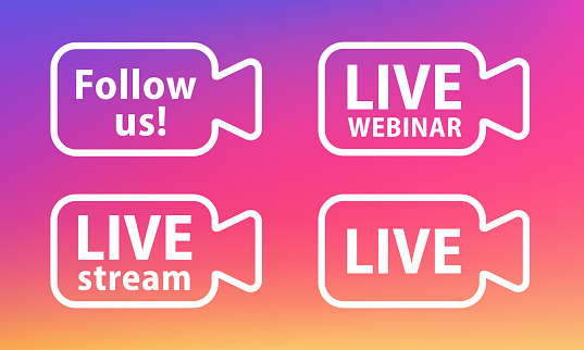 Live banner in flat style on gradient background. Social media concept. Live, free, video tutorials, webinar, webcast, stream, streaming, football. Concept of social networks. Vector illustration