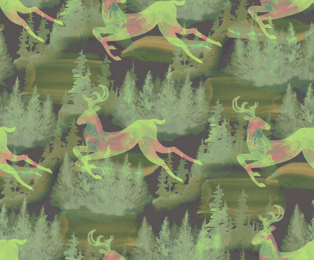 istock Deer running through the spruce forest. Seamless pattern hand-drawn in watercolor. Stock illustration 1615888421