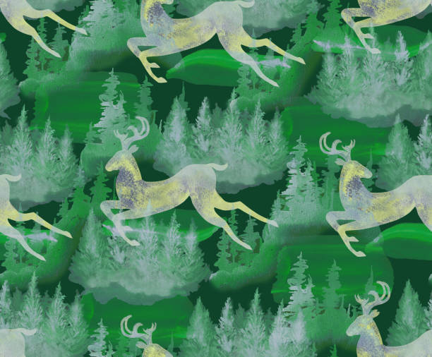 istock Deer running through the spruce forest. Seamless pattern hand-drawn in watercolor. Stock illustration 1615888989