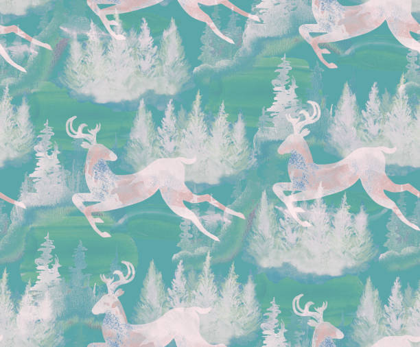 istock Deer running through the spruce forest. Seamless pattern hand-drawn in watercolor. Stock illustration 1615889645