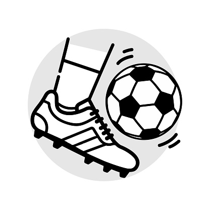 Soccer ball and boot. Vector outline icon on white background.