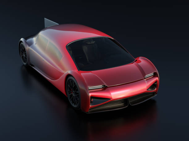 Metallic red electric car on black background. Generic design, 3D rendering image.