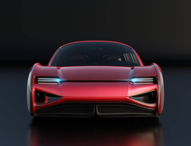 istock Front view of metallic red electric car on black background 1615911254