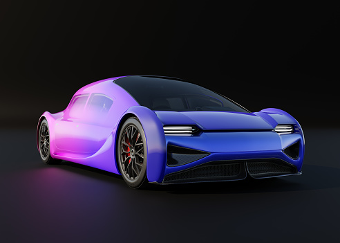 Futuristic electric car with gradient color painting isloated on black background. Generic design, 3D rendering image.