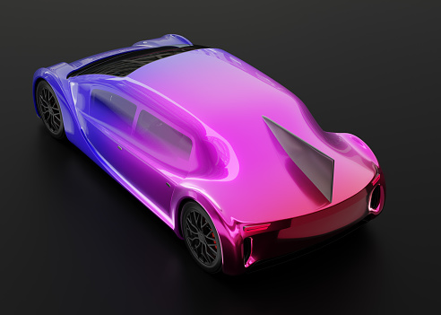 Rear view of Electric Car with gradient color painting isloated on black background. Generic design, 3D rendering image.