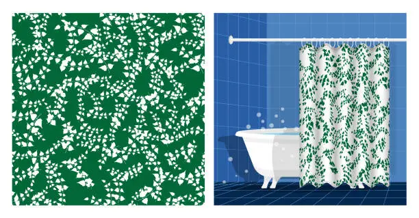 Vector illustration of Bathroom interior with bathtub and curtain decorated Thin birch twigs and green leaves seamless pattern. Floral ornament. Vector illustration, ornament for design of posters, printing on fabric